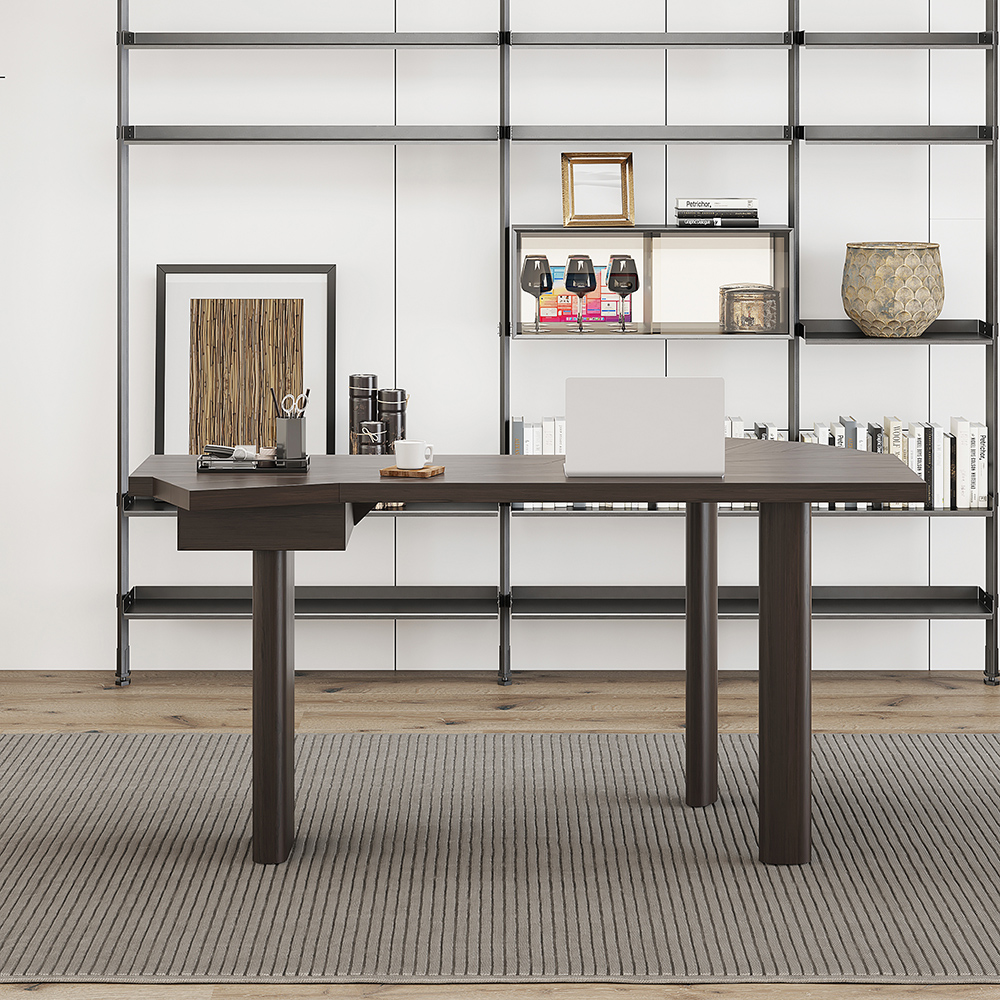 60" Japandi Walnut LShape Writing Desk with 1 Drawer Wood Corner Desk