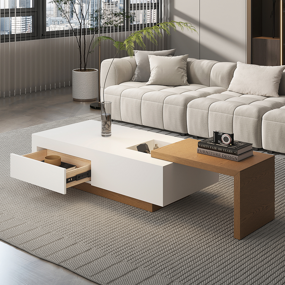White & Natural Extendable Rectangle Coffee Table with Drawer & Sliding