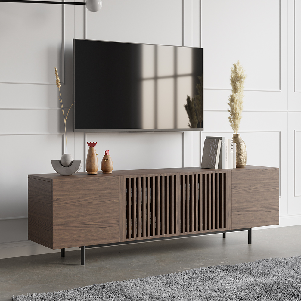 Minimalist Slatted Media Console TV Stand in Walnut with Shelves for TVs Up to 2032mm