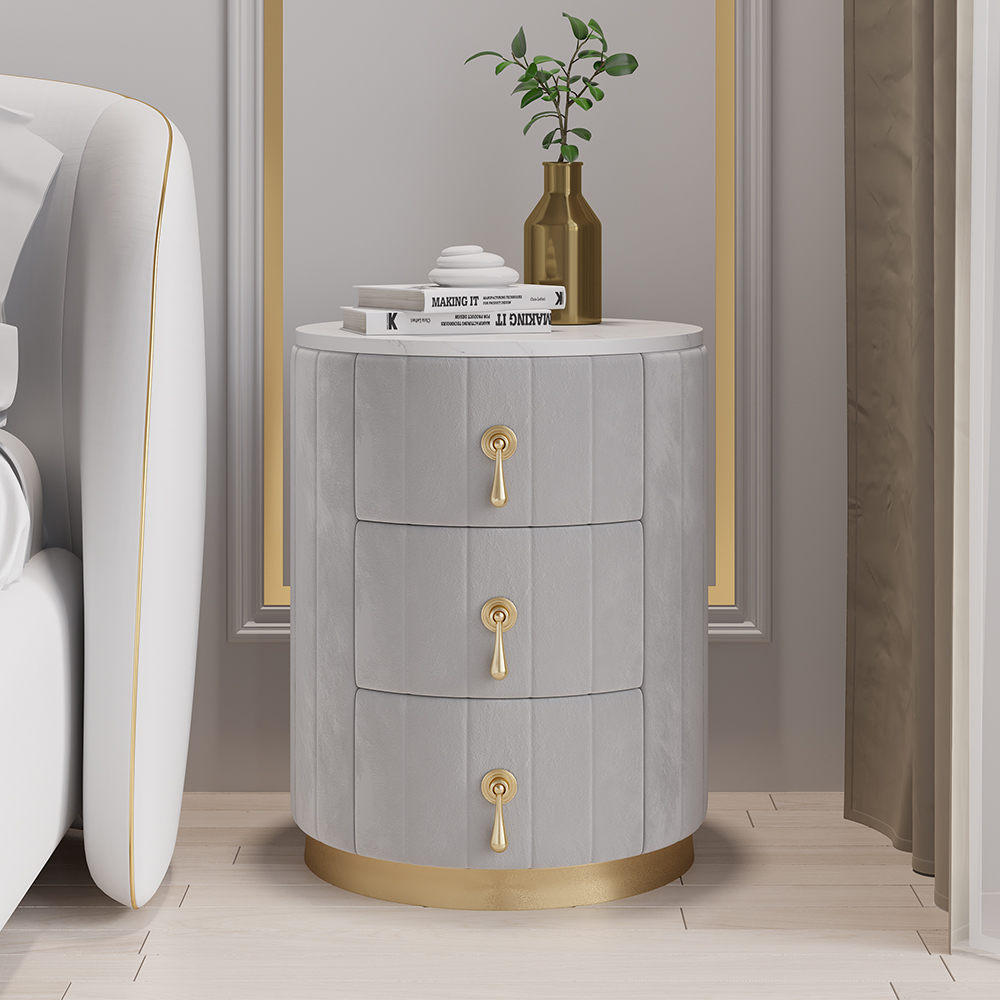 Modern Nightstand Grey Round Nightstand with 3 Drawers Nightstand with Storage