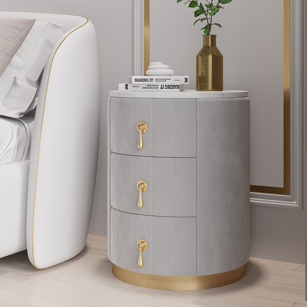 Modern Nightstand Grey Round Nightstand with 3 Drawers Nightstand with Storage