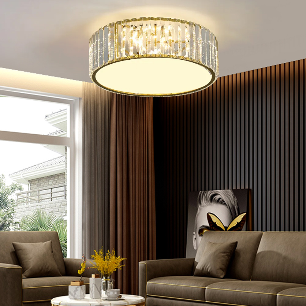 Modern Drum Acrylic 5-Light Flush Mount Light in Gold with Crystal