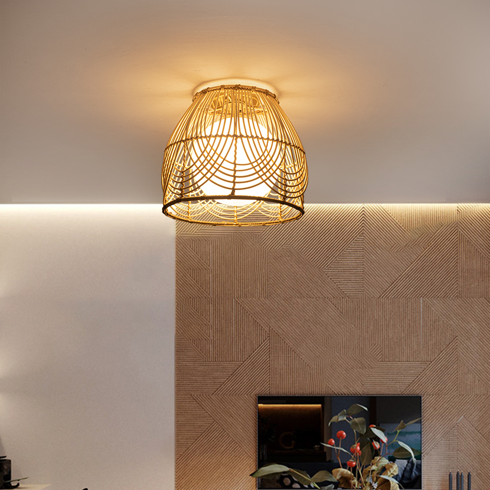 Rustic Metal & Rattan Geometric Flush Mount Ceiling Light with White