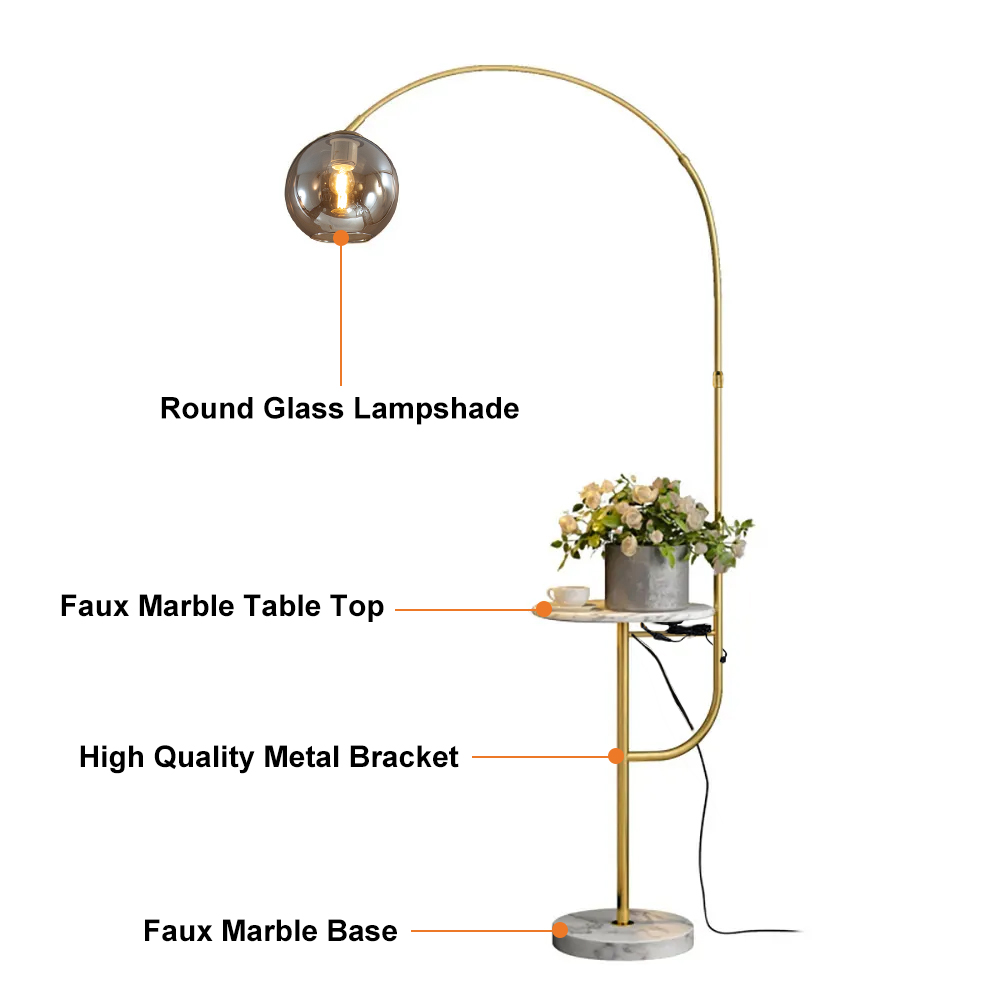 Modern Gold Arc Floor Lamp for Living Room with Shelf & Wireless