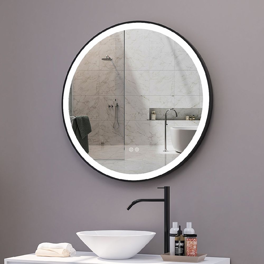 Black Framed Bathroom Mirrors with Lights 600mm Round LED Bathroom Wall ...