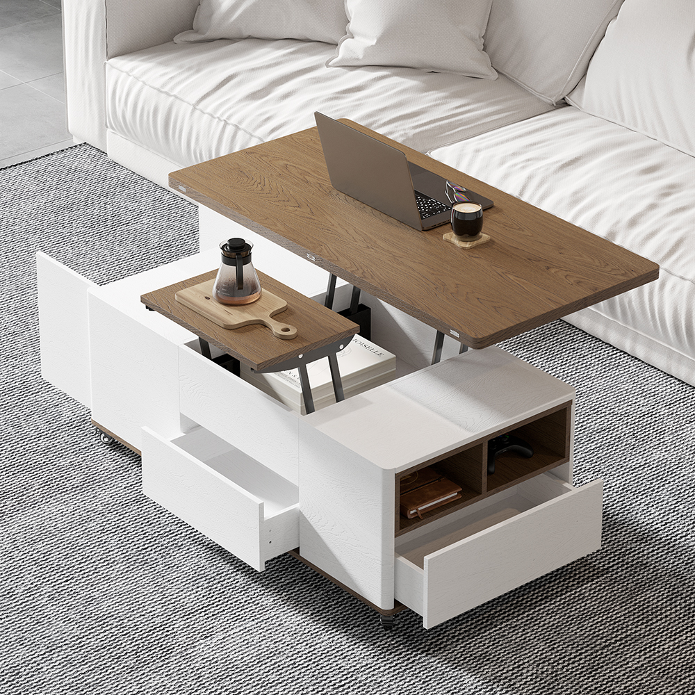 Modern Walnut & White Lift Top Coffee Table Multifunctional Table with Drawers & Shelves