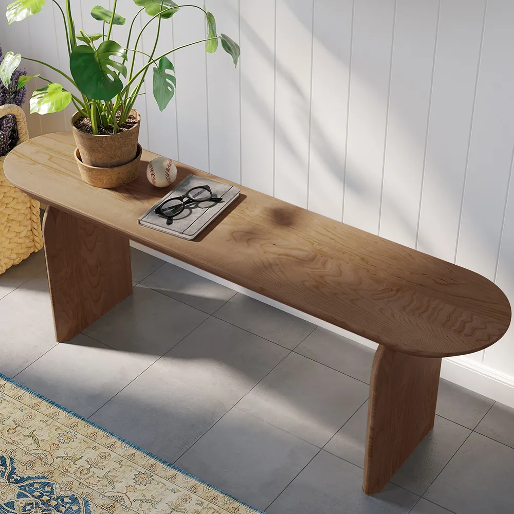 Japandi 1300mm Dining Bench Oval Solid Wood in Walnut Double Pedestals ...