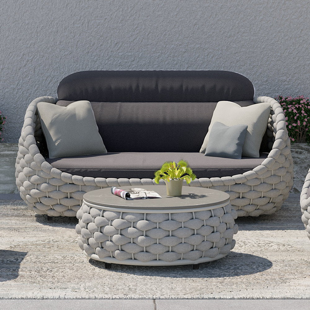 3 Seater Modern Woven Textilene Rope Outdoor Sofa with Removable Cushion Pillow in Grey