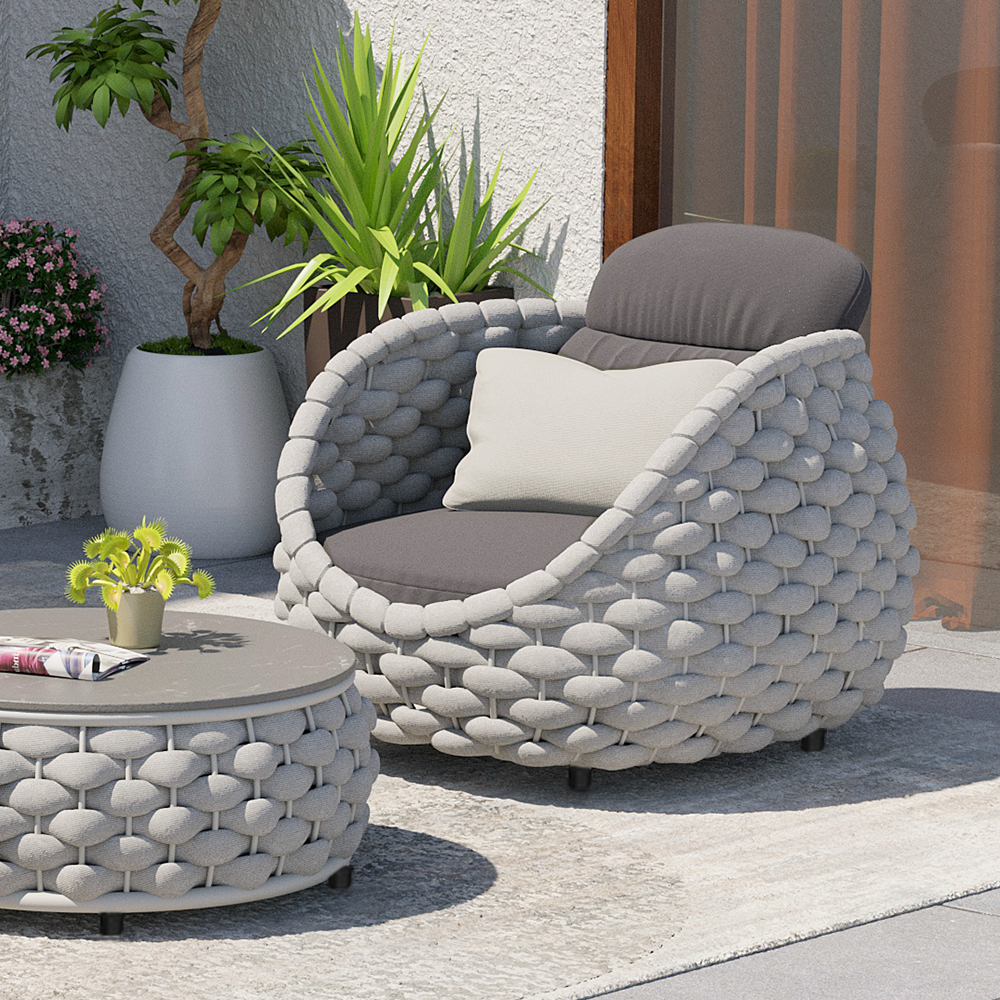 Tatta Modern Outdoor Chair Woven Textilene Rope Armchair with Removable Cushion in Grey