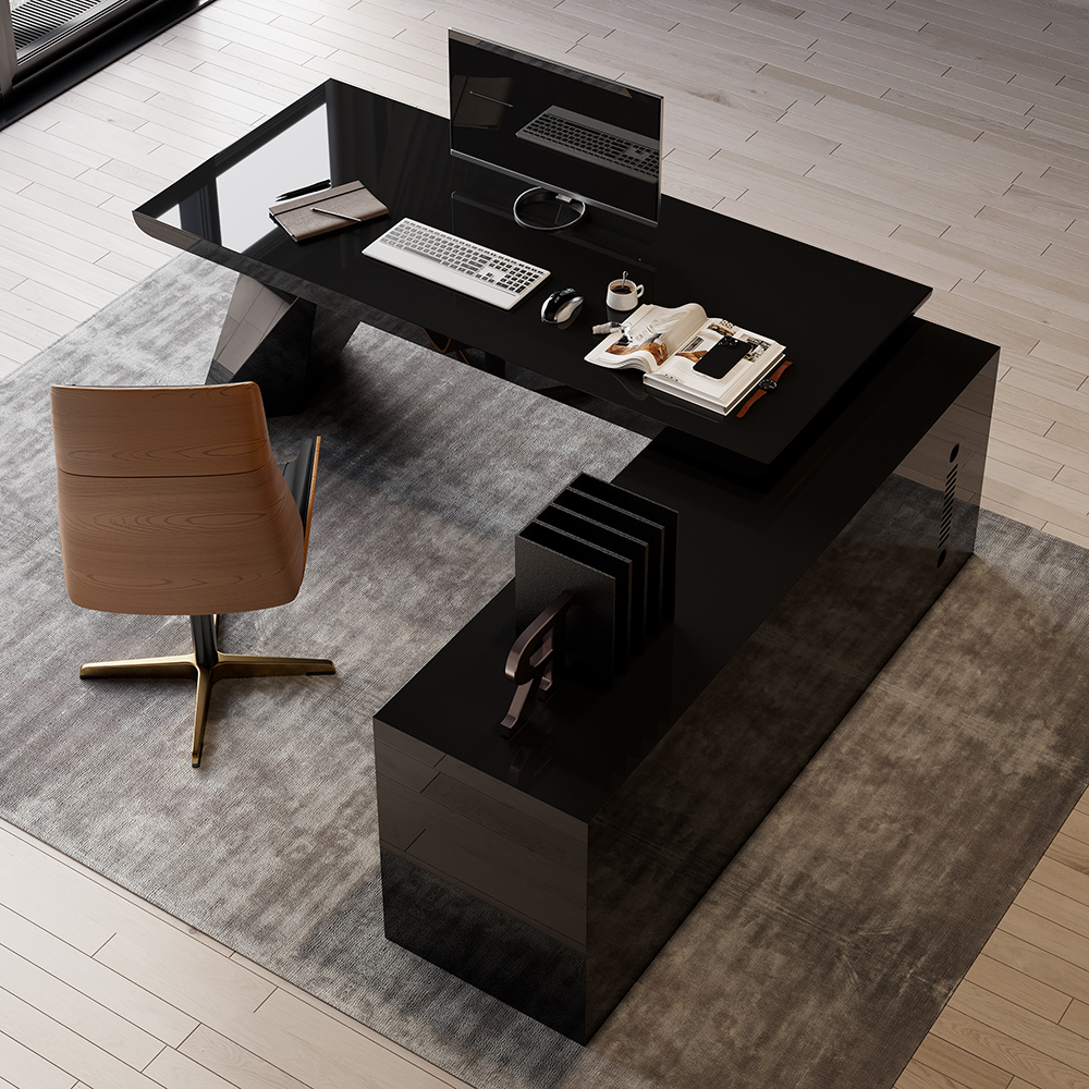 70.9" Modern Black LShape Executive Desk Drawers & Large