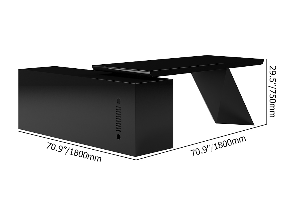 70.9" Modern Black LShape Executive Desk Drawers & Large