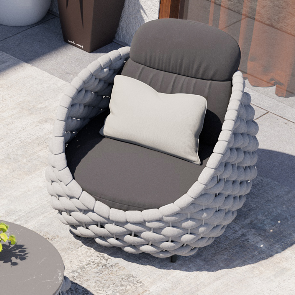 Tatta Modern Outdoor Chair Woven Textilene Rope Armchair with Removable Cushion in Grey