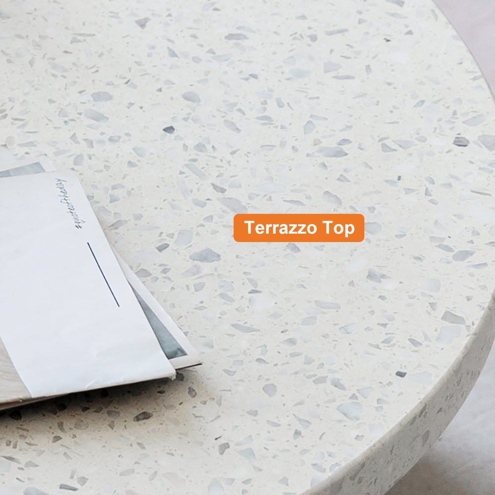 34" White Round Terrazzo Coffee Table with Pine Wood Legs in Walnut Living Room Furniture