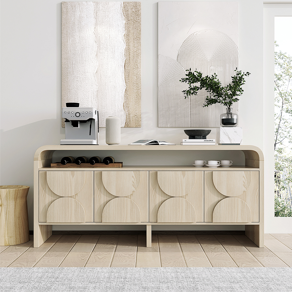 1800mm Wood Sideboard Buffet Japandi Distressed White Credenza with Shelves&4 Doors