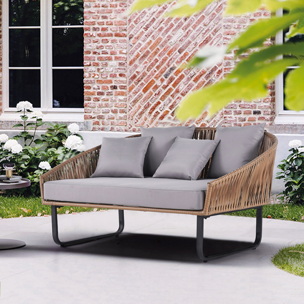 1600mm Rattan Outdoor Daybed with Khaki Cushion Pillow Aluminum Frame