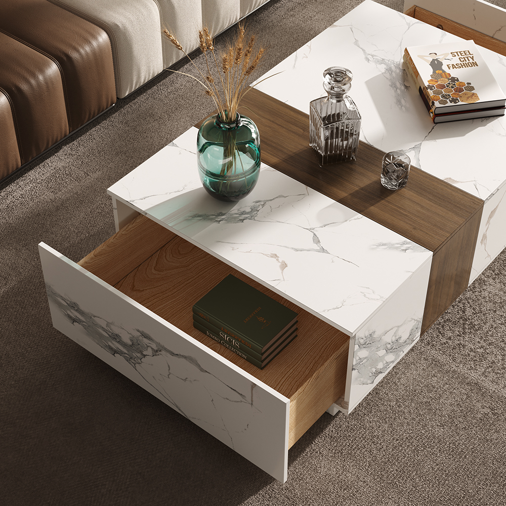 Wood Block Coffee Table Marble & Walnut Veneer in White with 2 Drawers