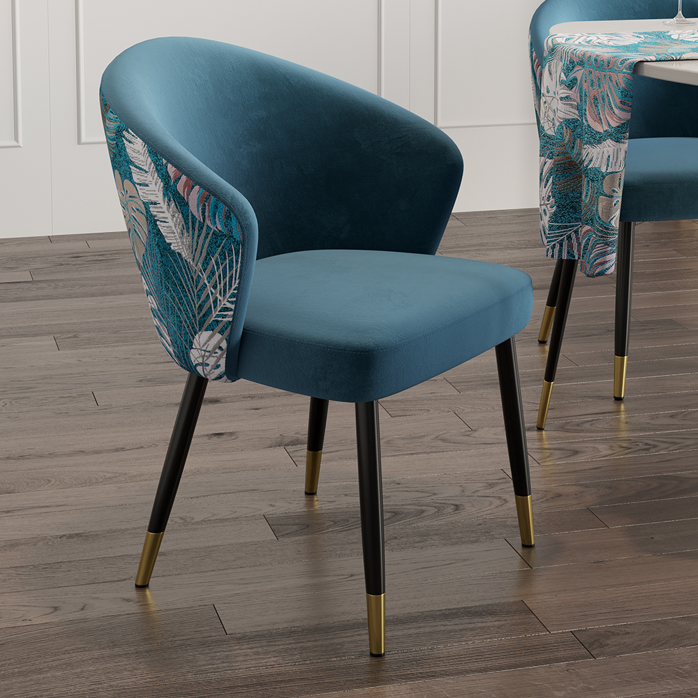 Blue Upholstered Velvet Dining Chair Curved Back Modern Arm Chair ...