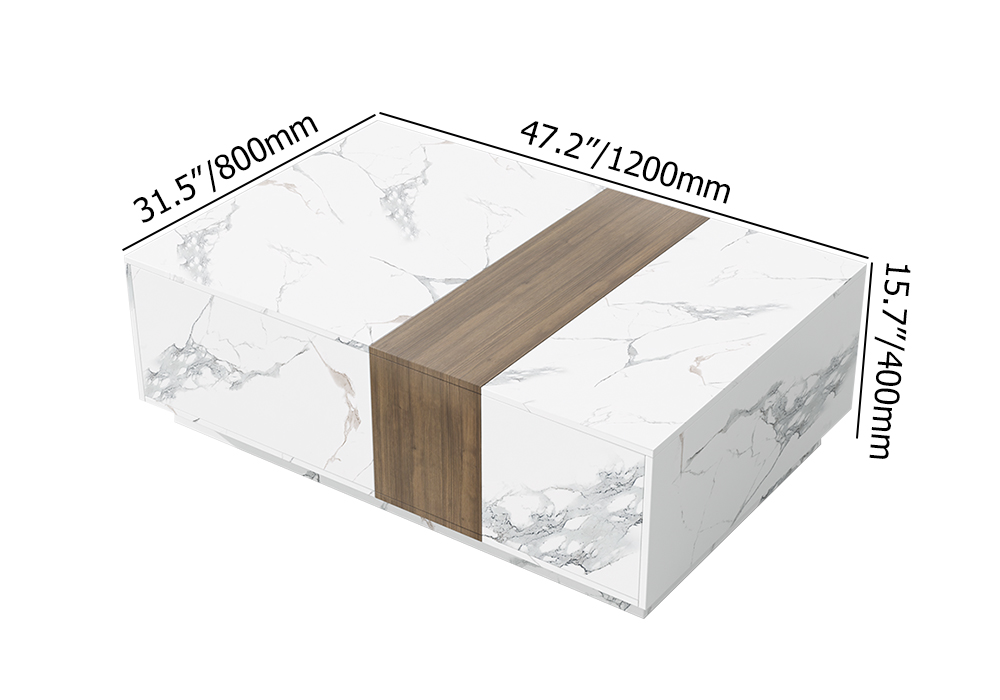 Wood Block Coffee Table Marble & Walnut Veneer in White with 2 Drawers