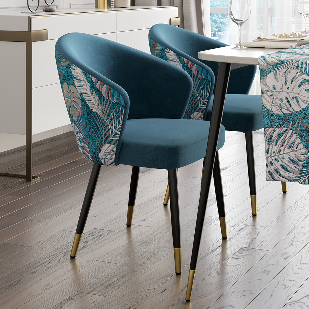 Blue Upholstered Velvet Dining Chair Curved Back Modern Arm Chair