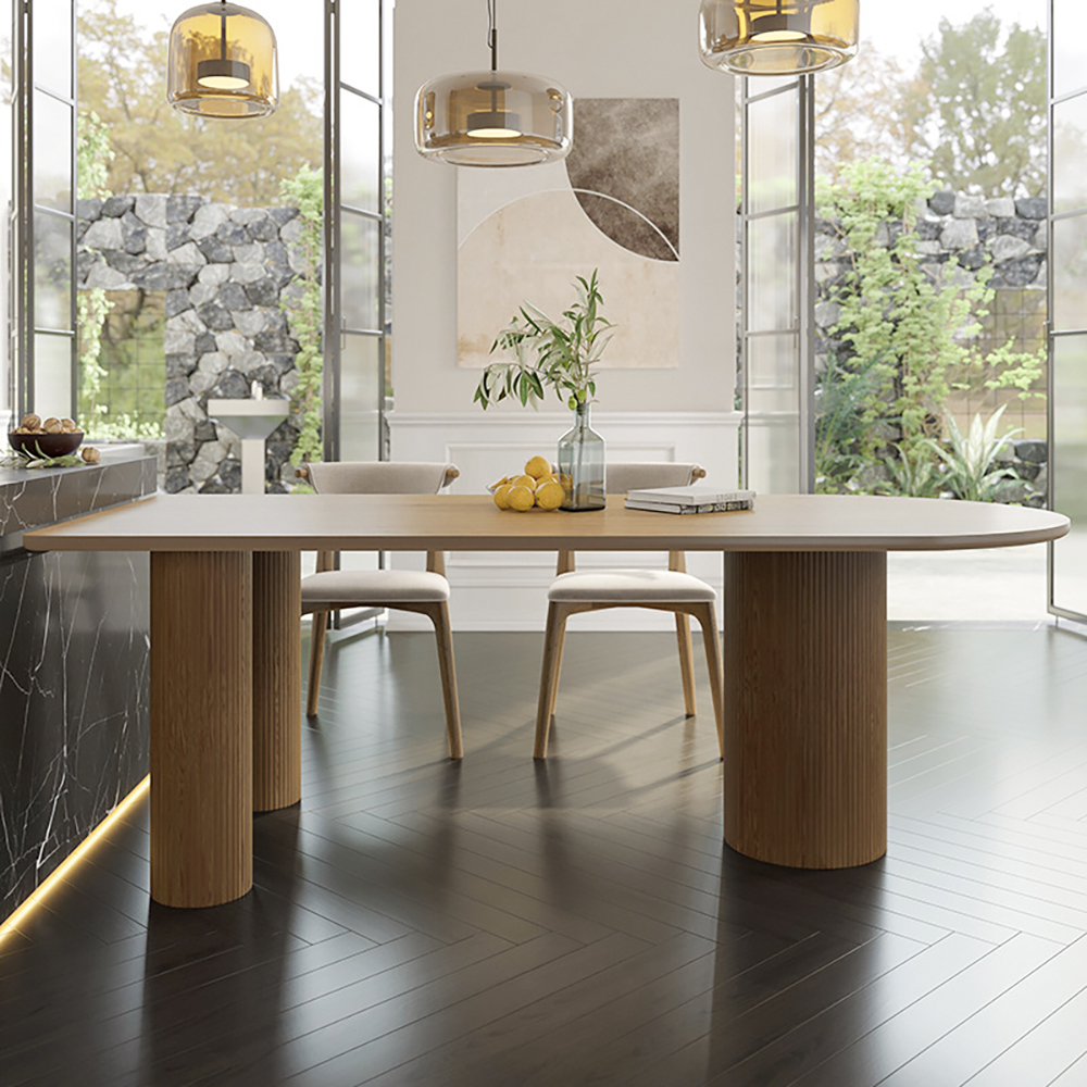 55" Japandi Dining Table 6 Seater Pine Wood Table Pedestal Base Kitchen & Dining Furniture