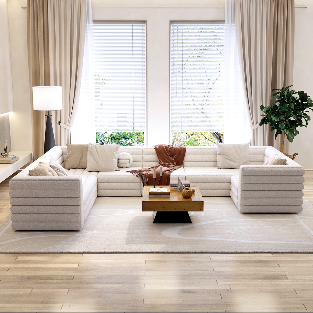 3200mm UShaped Modern White Boucle Modular Sectional Sofa for 8