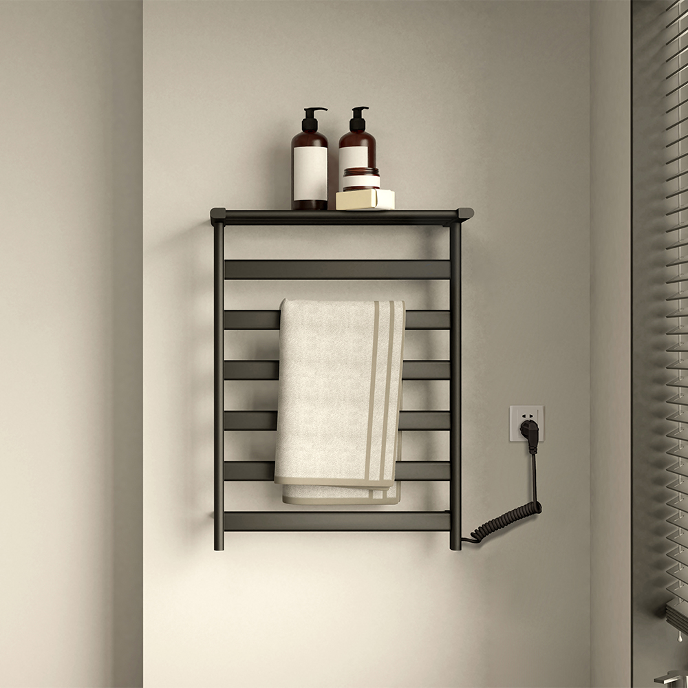 Black WallMount Electric Towel Warmer Heated Towel Rack with Top Shelf