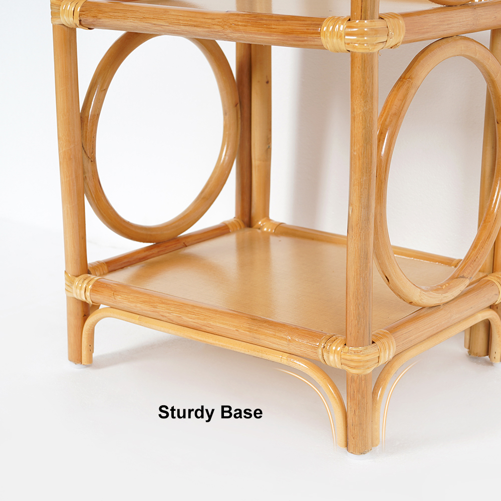 Pine Wood Side Table In Natural With 3-tier Storage Rattan Woven End Table