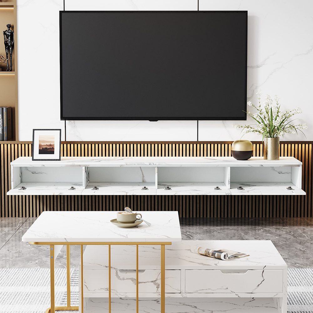 Floating TV Stand Marble Veneer Wall Mount Media Console With Storage 