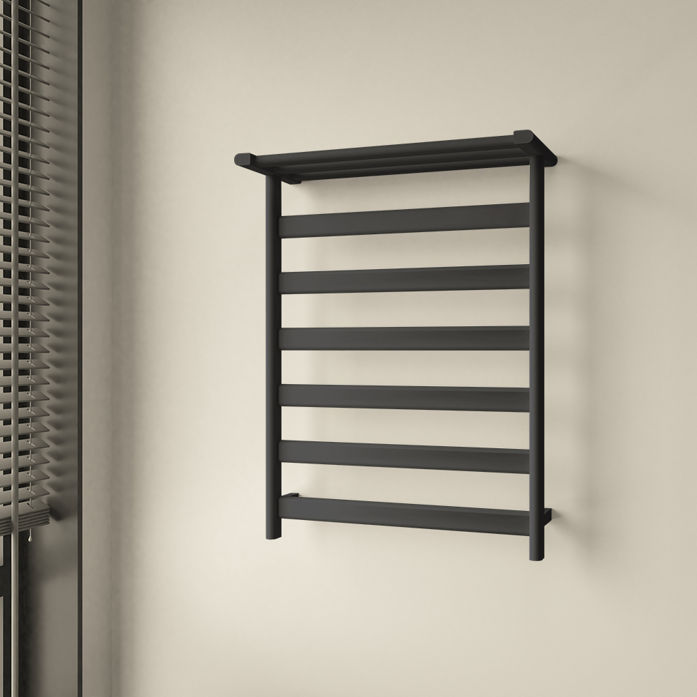 Black WallMount Electric Towel Warmer Heated Towel Rack with Top Shelf