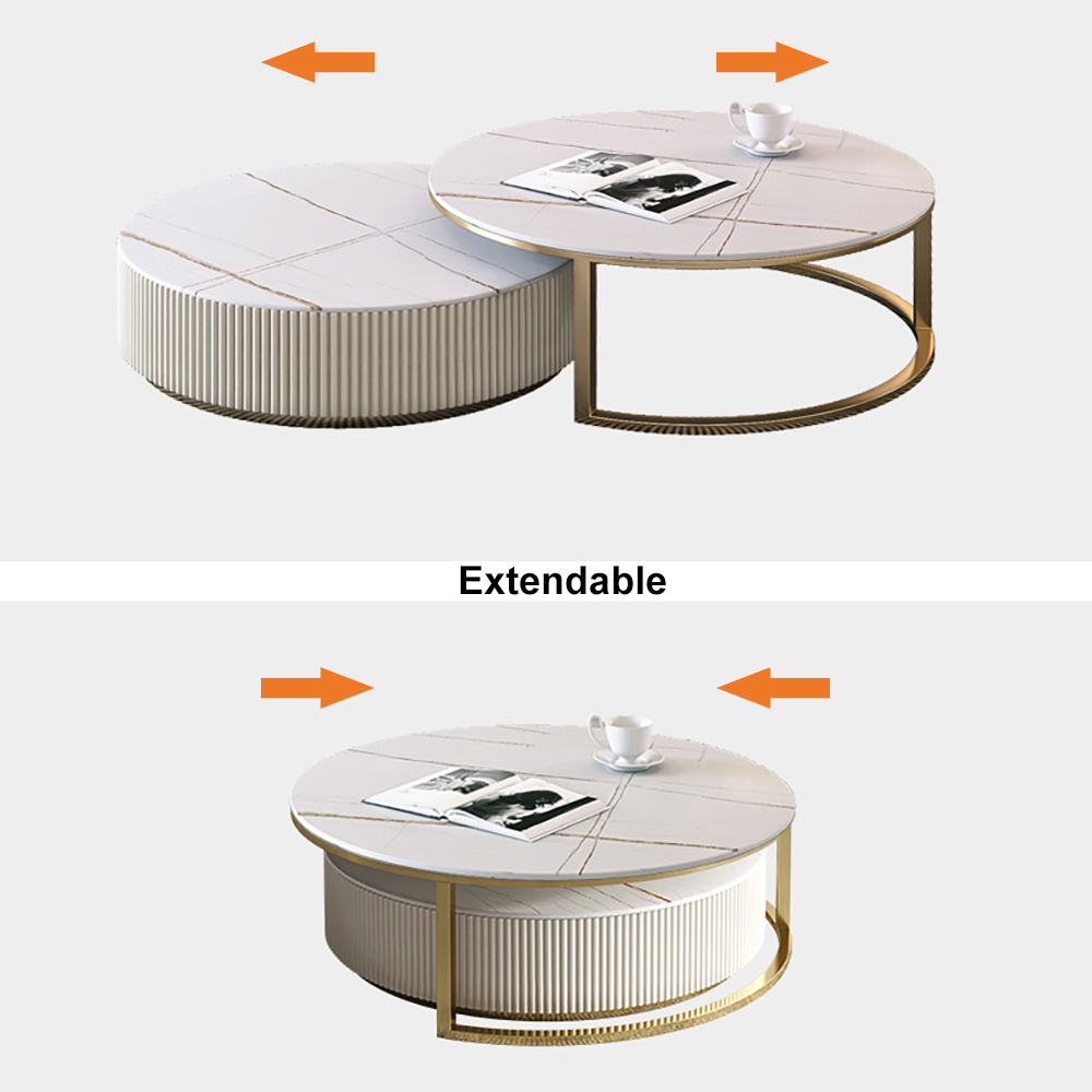 Round Modern Stone Top Nesting Coffee Table Fluted with Drawer in White