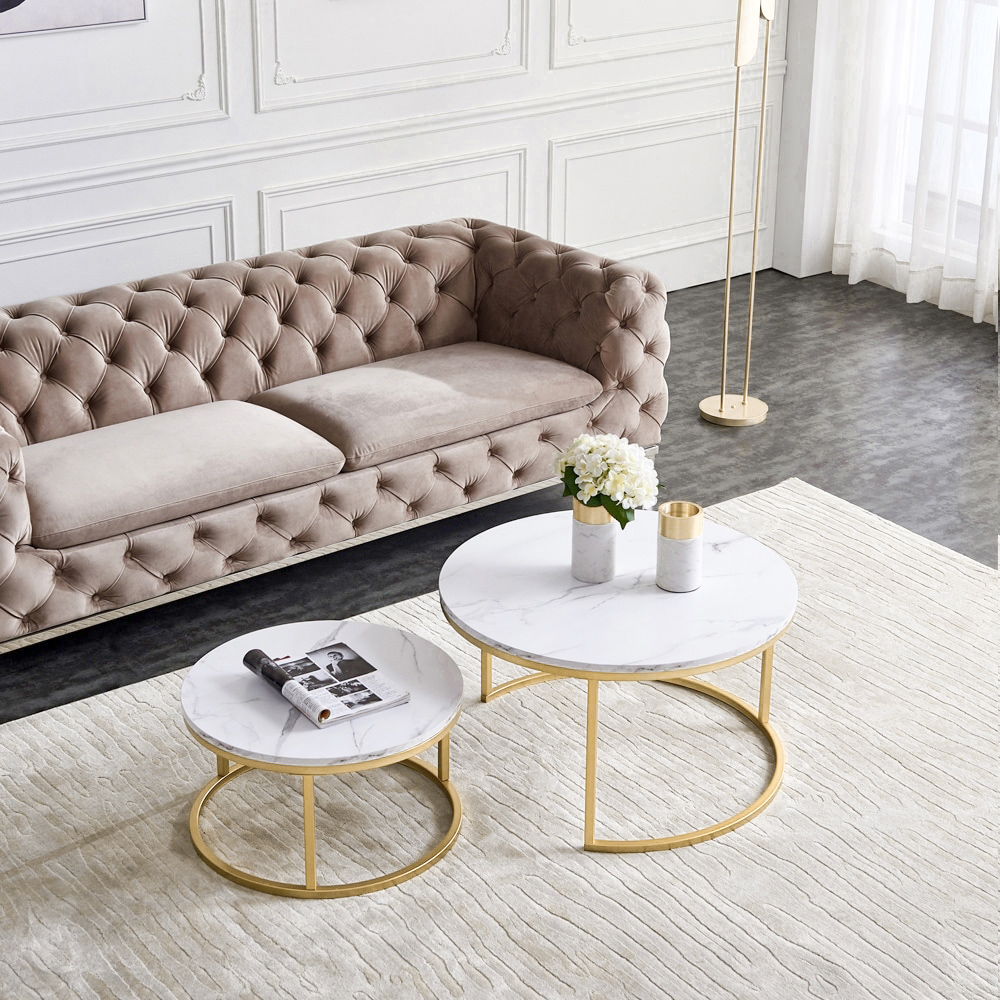 Modern Round Coffee Table Gold Metal & White Marble Accent Table with