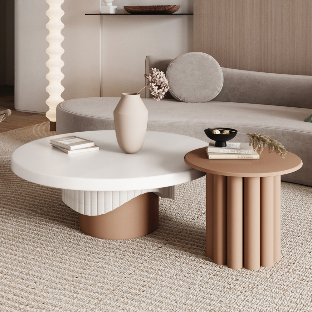 Yarnic 2 piece round wood coffee table set with fluted base in white