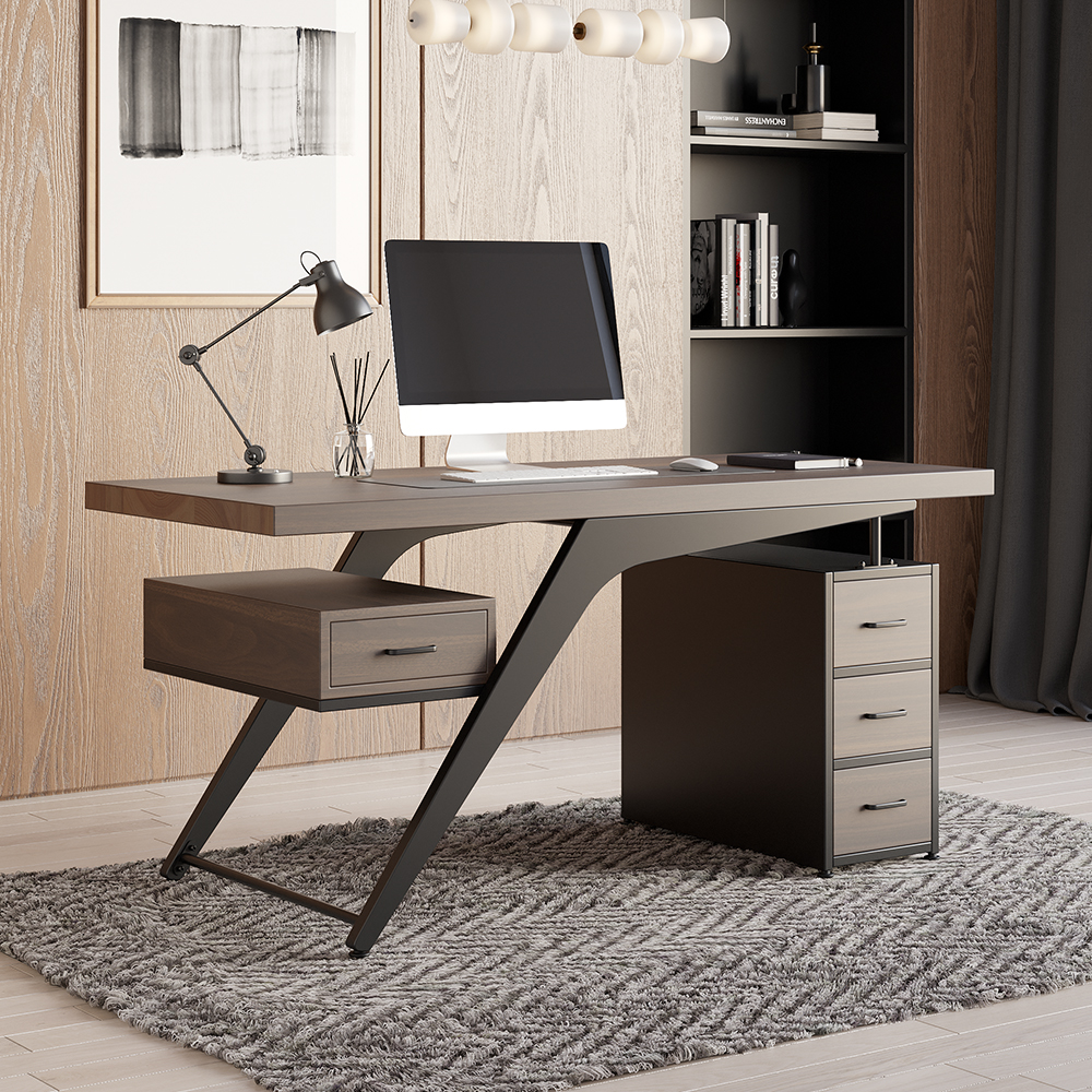 1500mm Wooden Office Desk Black Computer Desk with 4 Drawers in Metal Legs