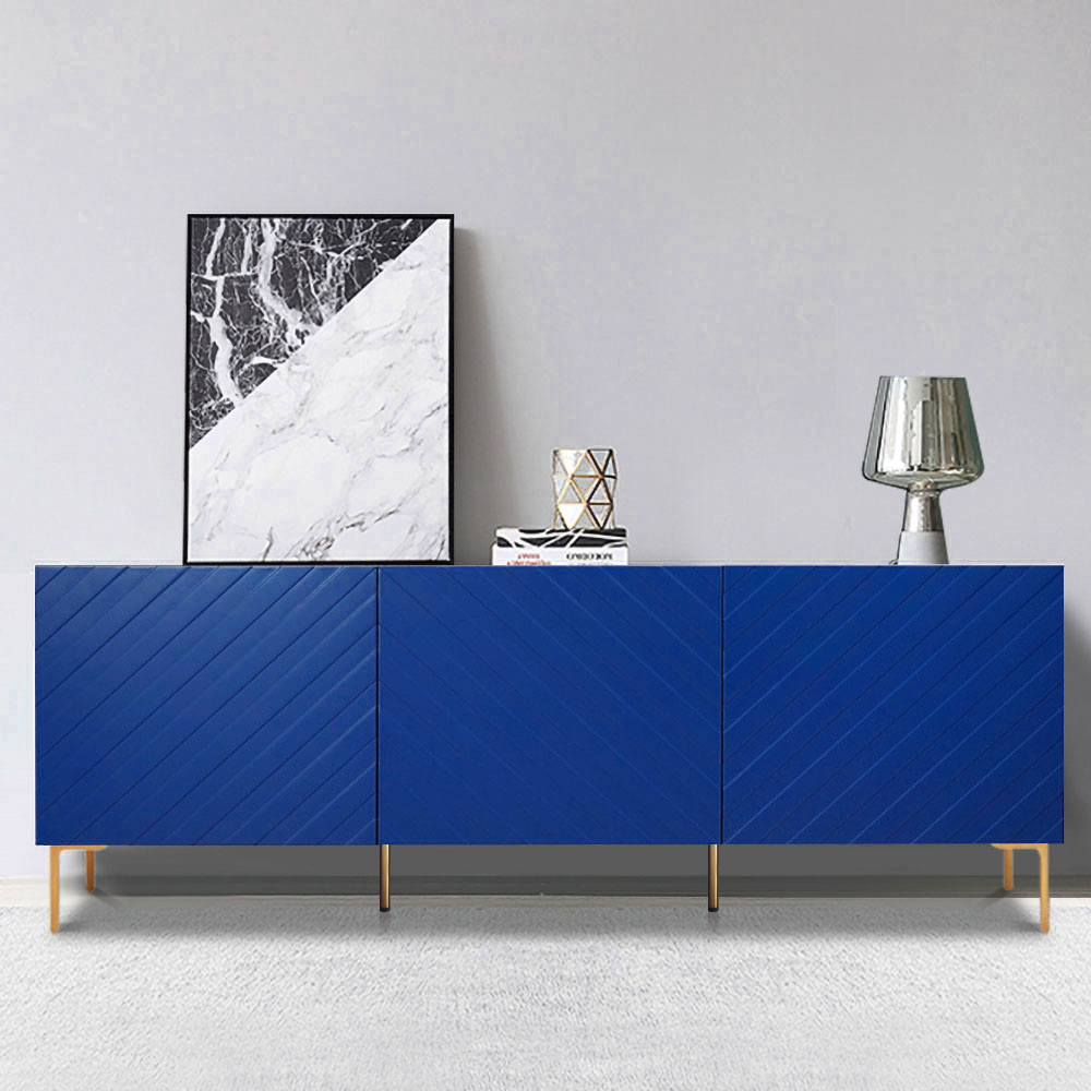Modern 1800mm Blue Buffet Sideboard Table with Gold Legs & 3 Doors