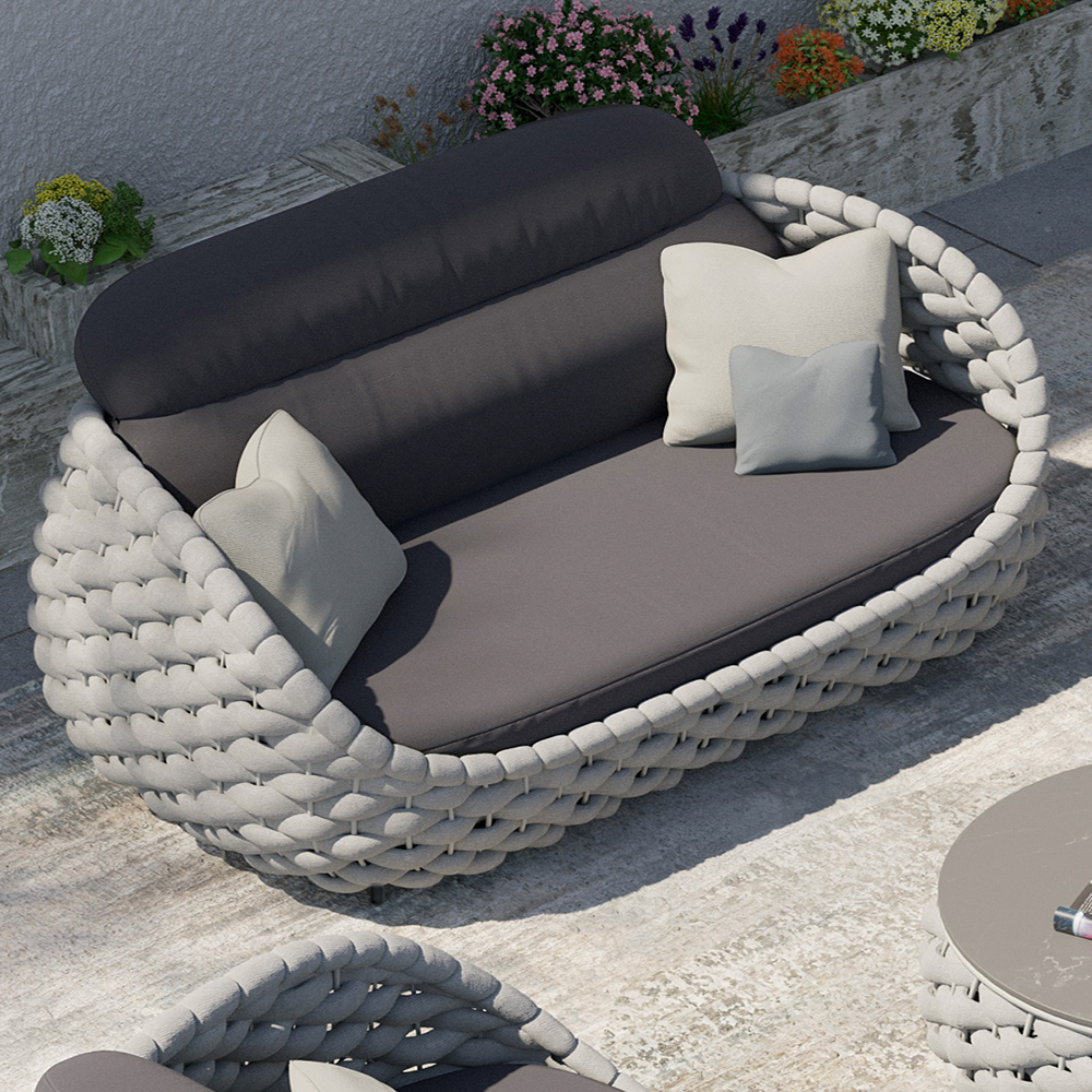 3 Seater Modern Woven Textilene Rope Outdoor Sofa with Removable Cushion Pillow in Grey