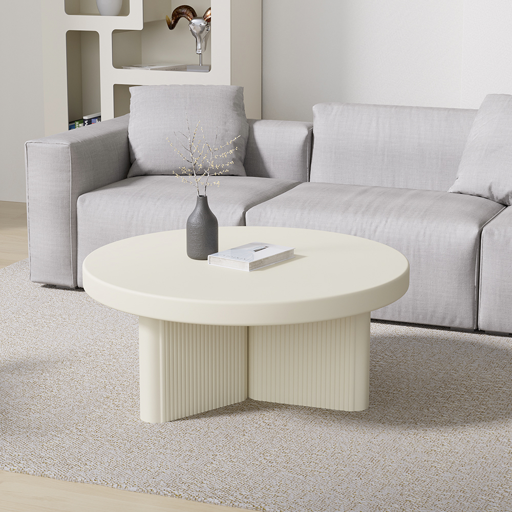Japandi White Fluted Coffee Table With Round Wood Tabletop Living