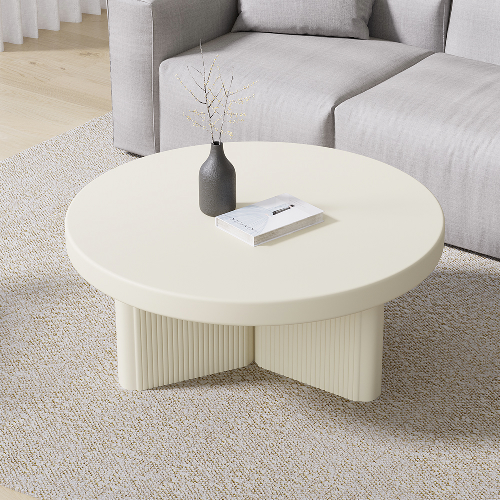 Japandi White Fluted Coffee Table With Round Wood Tabletop Living