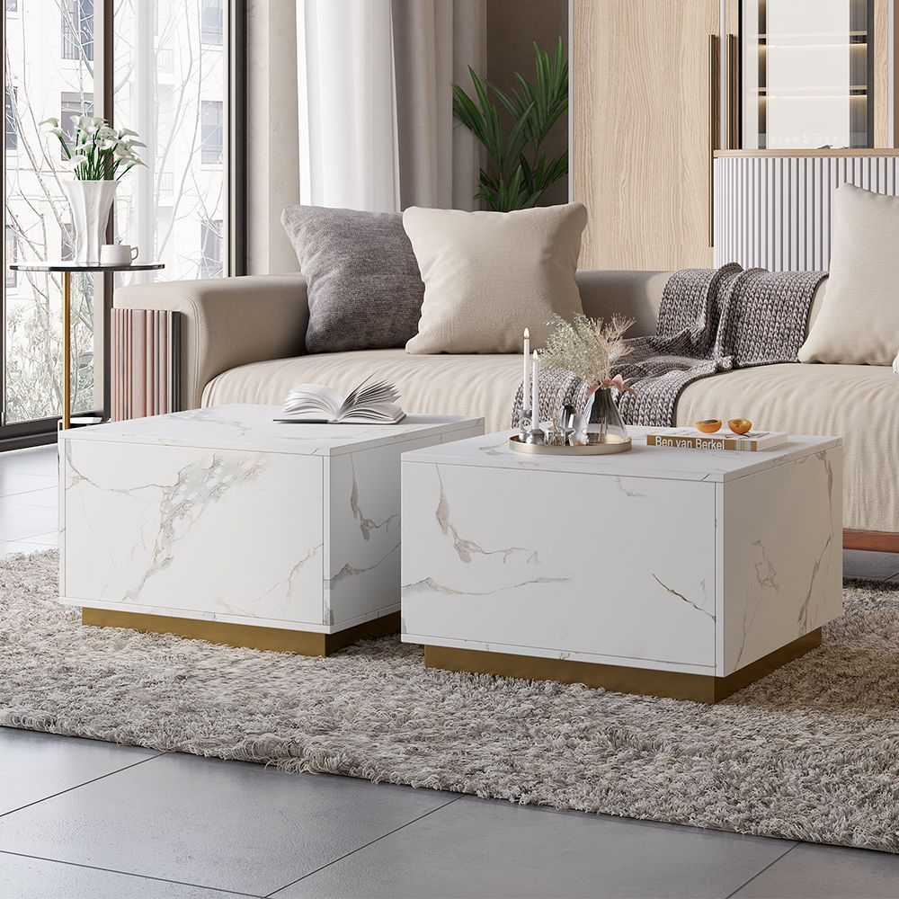 Set of 2 Square Block Coffee Table Wood in White & Grey Marble Veneer