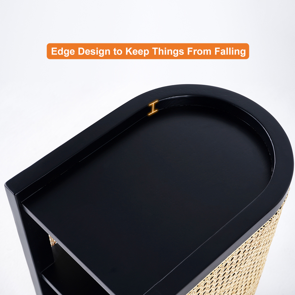 620mm Black Bedside Table SemiCircle Rattan Bedside Table with 1 Shelf
