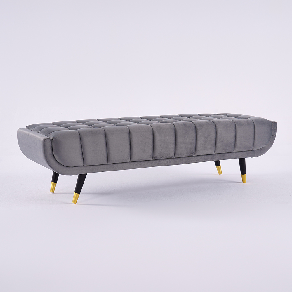 Modern Gray Bedroom Bench Velvet Upholstery Wooden Legs Bedroom