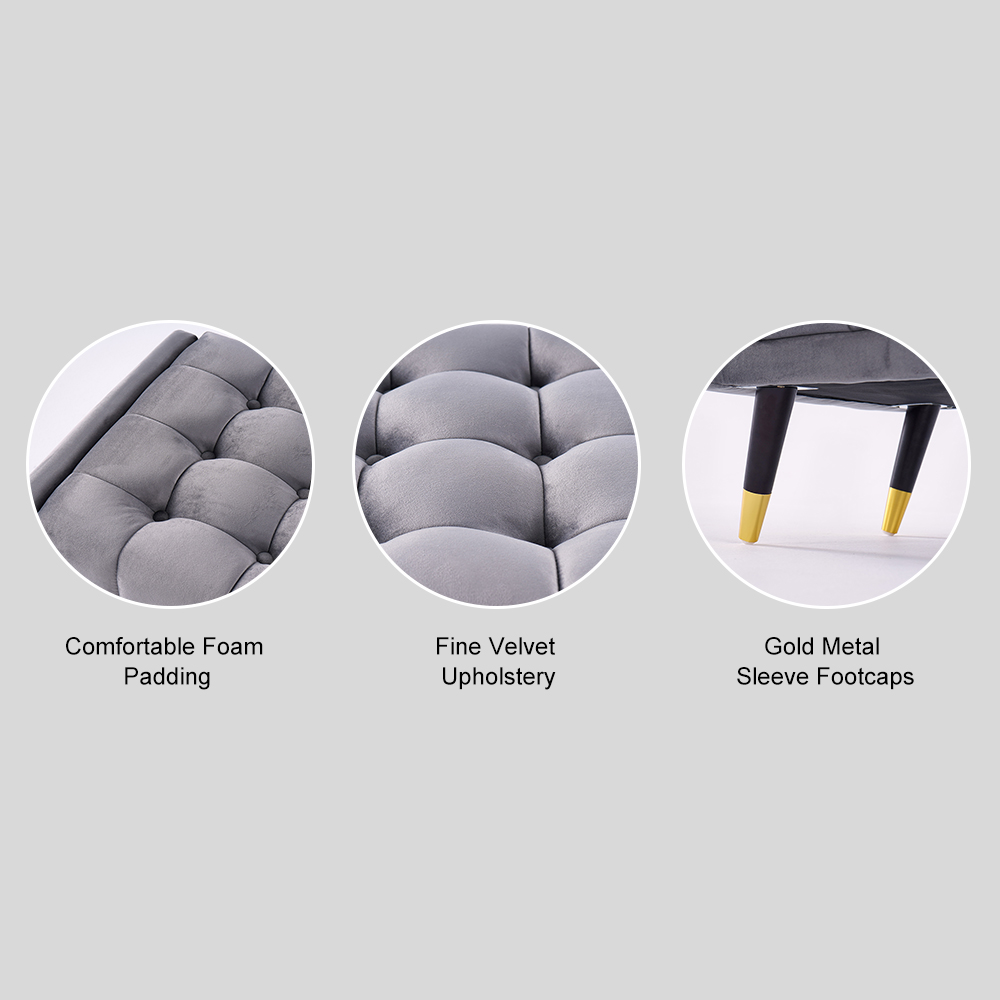 Modern Gray Bedroom Bench Velvet Upholstery Wooden Legs Bedroom