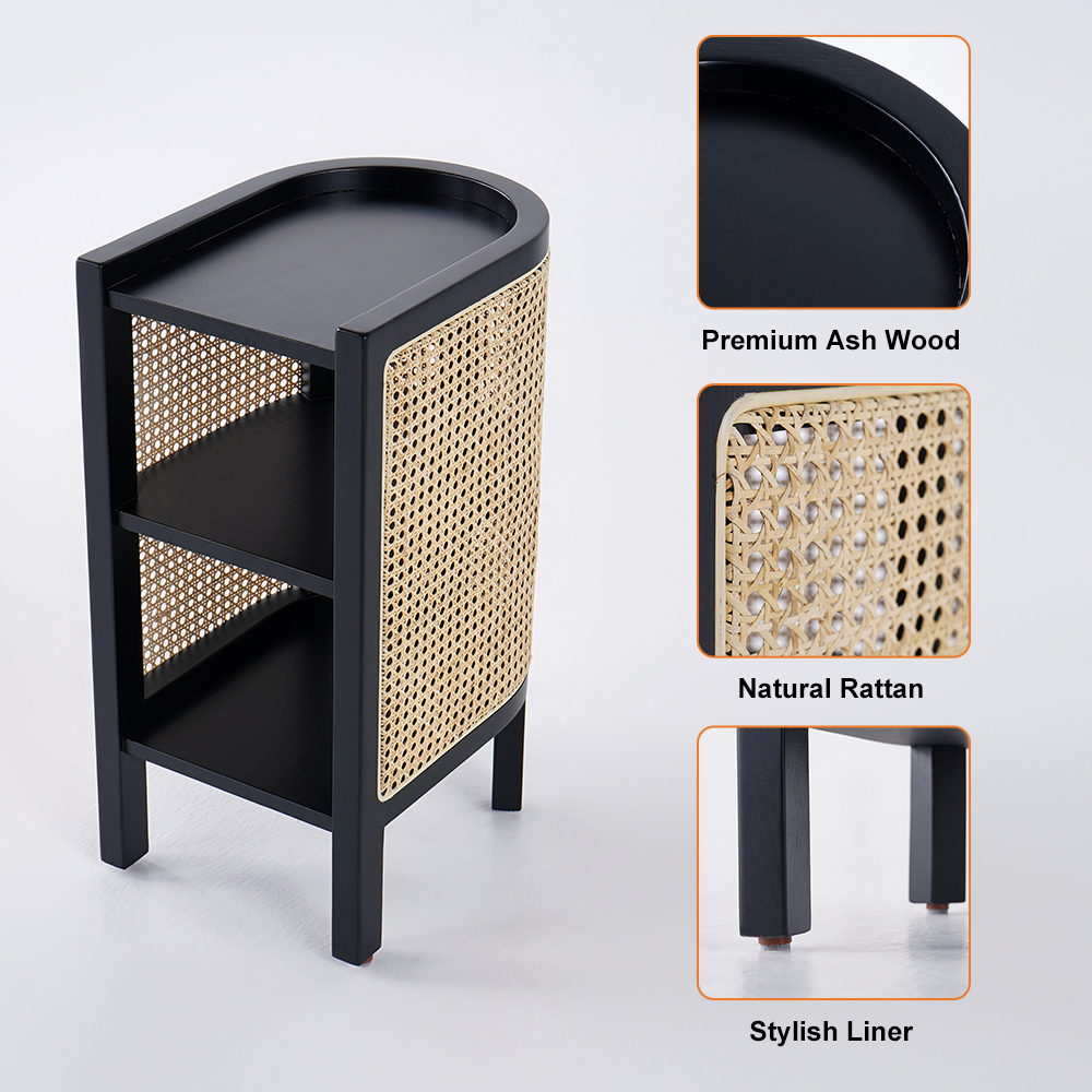620mm Black Bedside Table SemiCircle Rattan Bedside Table with 1 Shelf