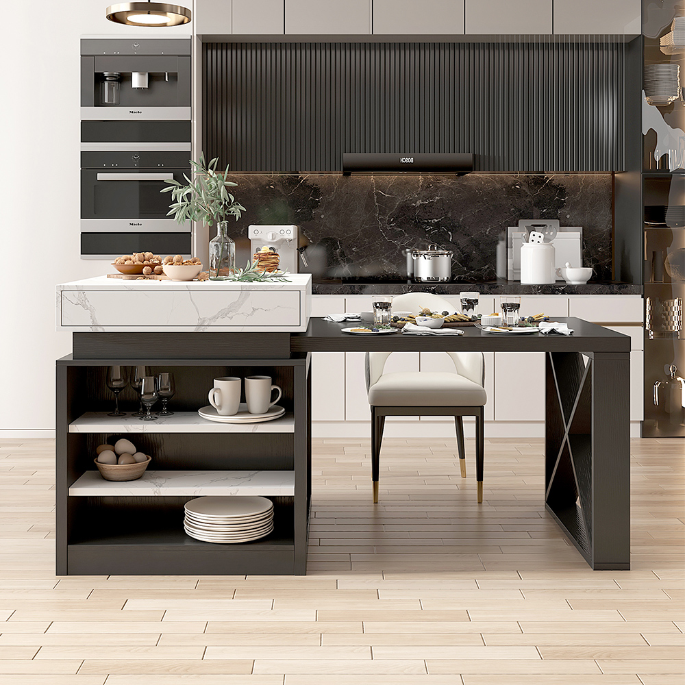 NovaFurnish Kücheninsel Mit Rollen Grau - Ausziehbar Mit Mülleimer Fach