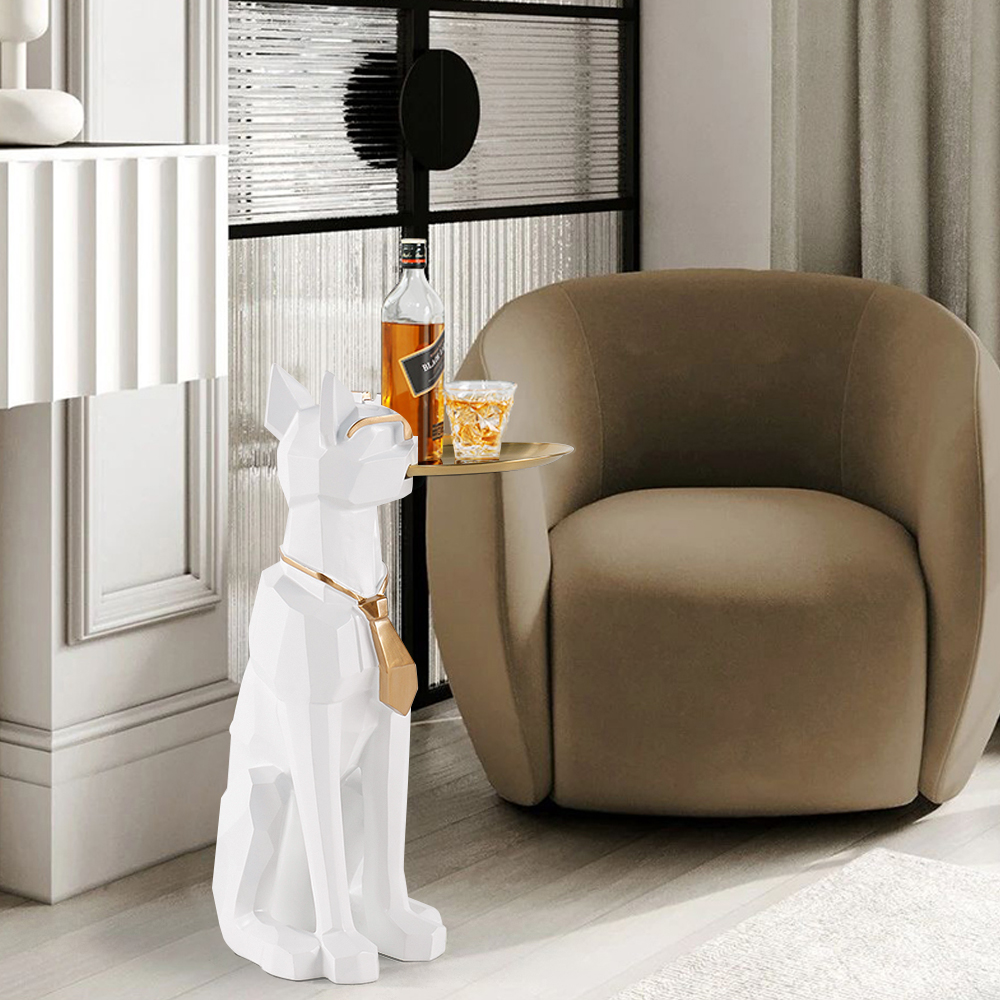 Modern White Side Table with Tray Shelves Cute Greyhound End Table in