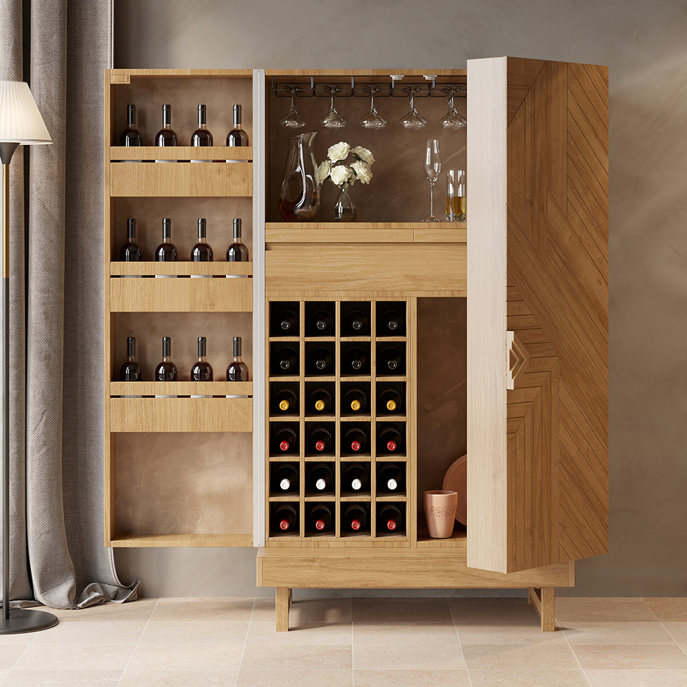 Hoher Eck-Barschrank Aus Holz & Metall, Mit Weinregal – Industrieller Stil, Dunkelgrau, Für Küche Oder Wohnzimmer