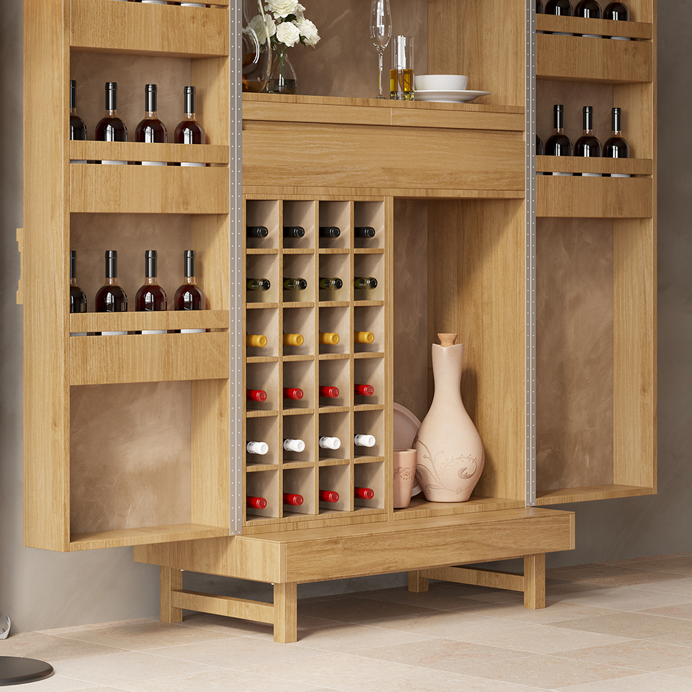 Modern Tall Home Bar Pine Wood Wine with Storage