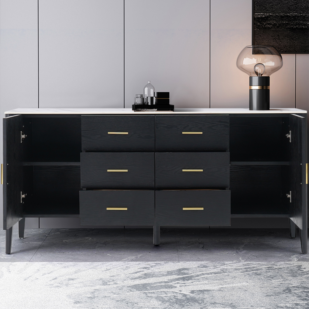 Modern Black Sideboard Buffet Sintered Stone Top Drawers&2 Doors Kitchen Cabinet