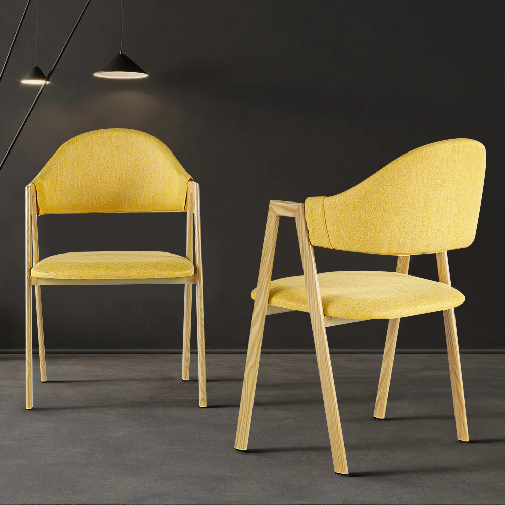 Yellow Linen Upholstered Dining Chair Curved Back Chair Set of 2