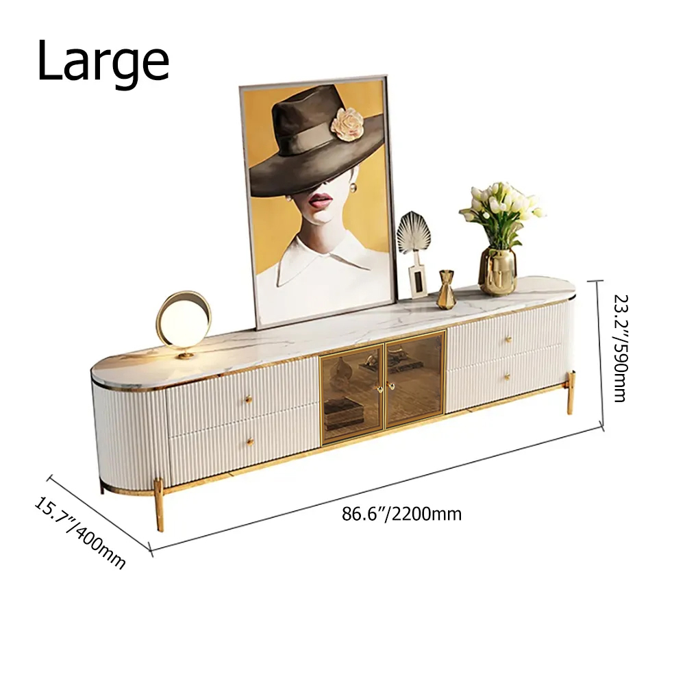 Yelly Modern White TV Stand with Oval Marble Top & Tempered Glass Doors