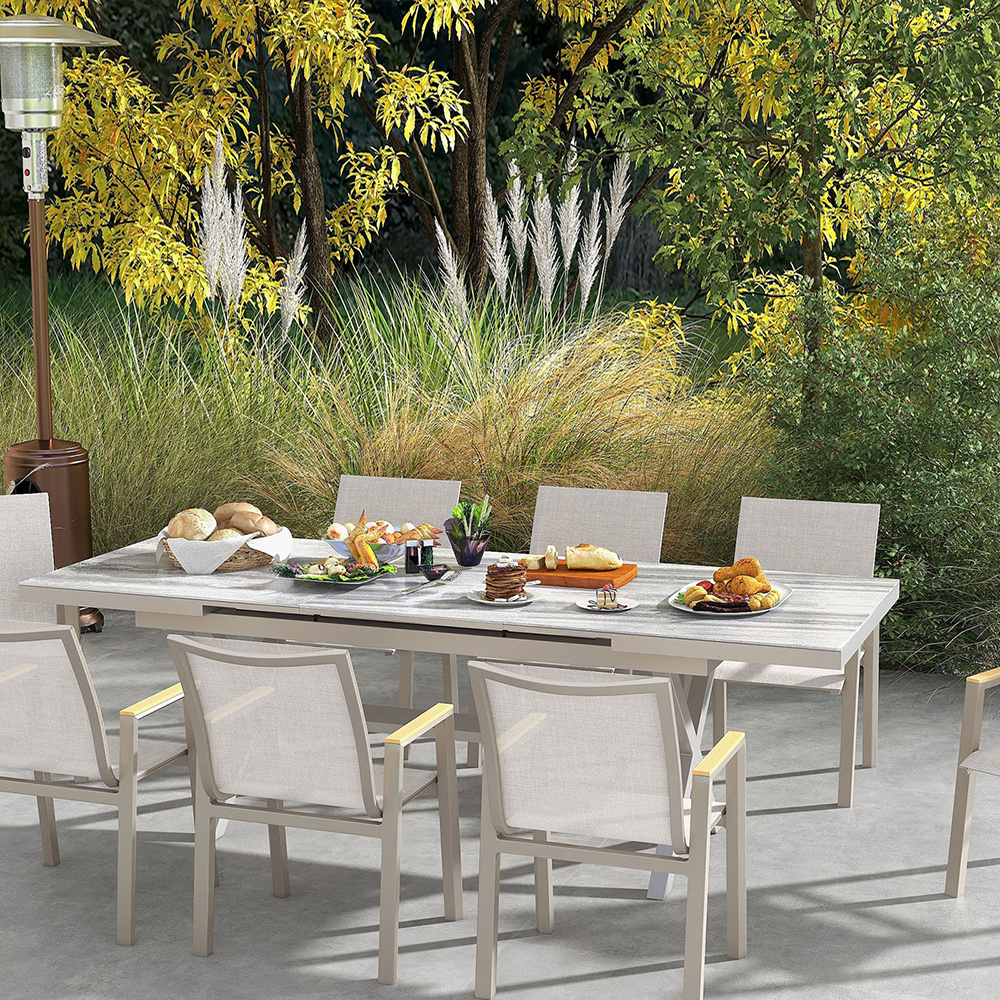 9teiliges modernes, graues OutdoorEssSet mit ausziehbarem Tisch und